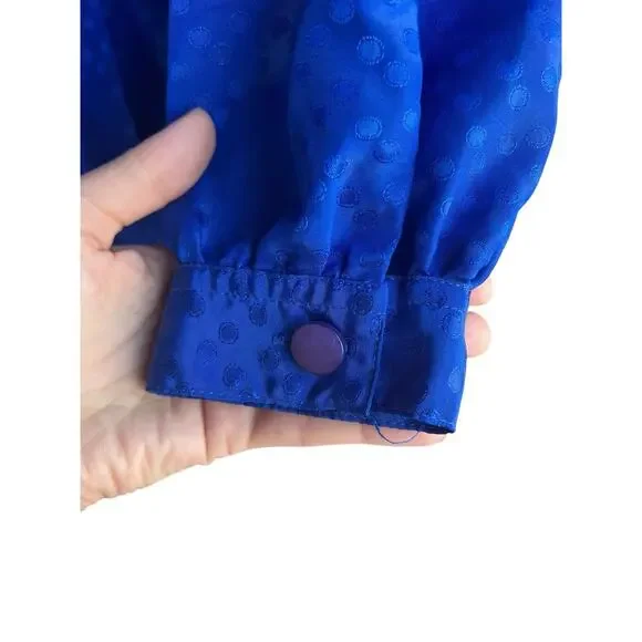 Vtg Laura and Jayne Blue Polka Dot Pleated Satin Long Sleeve Career Blouse Sz 10 - Picture 5 of 8